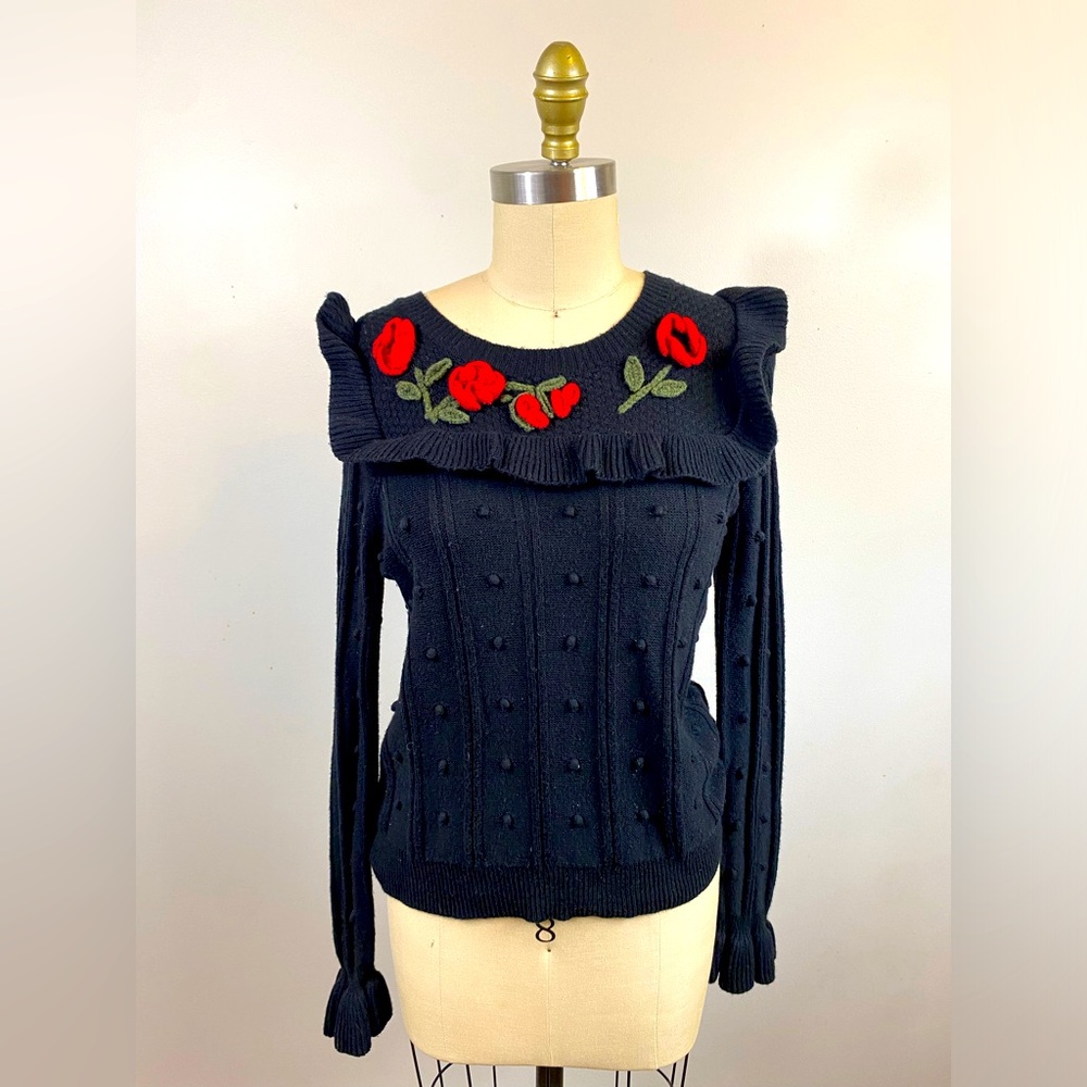 Kate Spade poppy Rose Embroidered Bell Cuff Polka Dot Black pullover sweater